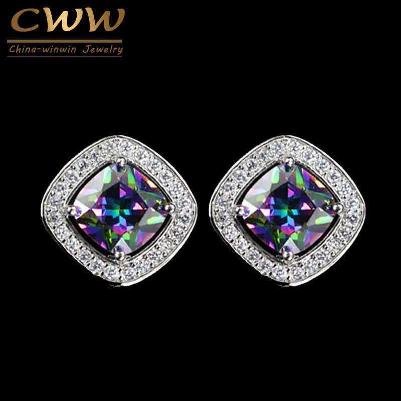 Classic Square Mystical Fire Crystal Stud Earring with Tiny CZ Stone Fashion Women Holiday Jewelry Gift CZ171 210714