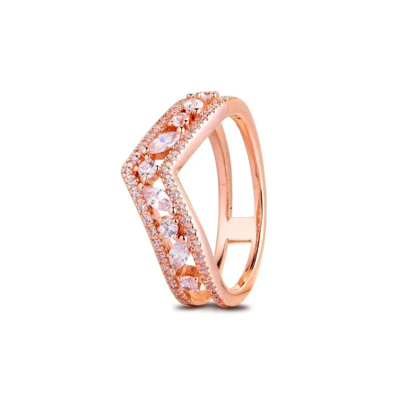 Anelli a grappolo Pink Sparkling Marquise Double Wishbone per le donne con anelli di nozze in argento sterling 925 genuino al 100%