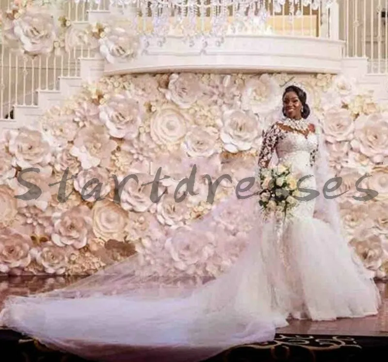 Luxury African Mermaid Bröllopsklänning 2021 High Neck Långärmad Lace Kyrka Brudklänningar Beaded Plus Size Bride Robes de Mariage Vestido Novia Para