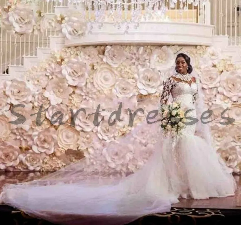 Luxe Africain Sirène Robe De Mariée 2021 Col Haut À Manches Longues En Dentelle Église Robes De Mariée Perlée Plus La Taille Mariée Robes De Mariage Robe Novia Para