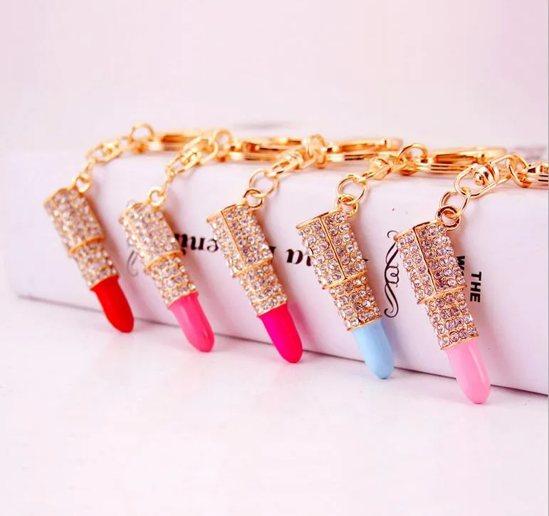 Crystal Keychain Lipstick Key Holder Rhinestone Keyring Red Rose Pendant Car Ornament Accessories 5 styles Women Jewelry