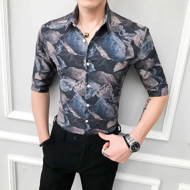İngiliz Tarzı Yaz Erkekler Elbise Gömlek Casual Slim Fit Yarım Kollu Gömlek Erkekler Moda Baskı Kulübü Parti Streetwear Sosyal Bluz 210527