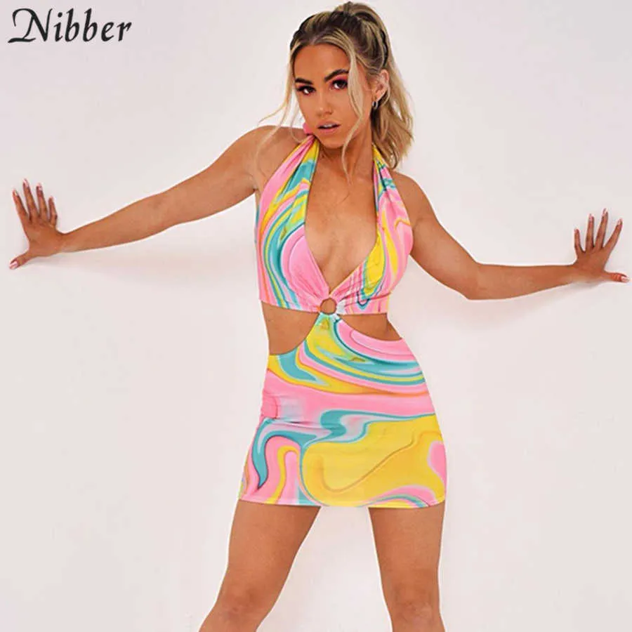 Nibber Basic Colorful Hollow Fairy Dress dla kobiet Lato Sexy Bodycon Patchwork Clubtwear Party Niski Cut Halter Beach Dresses Y0726