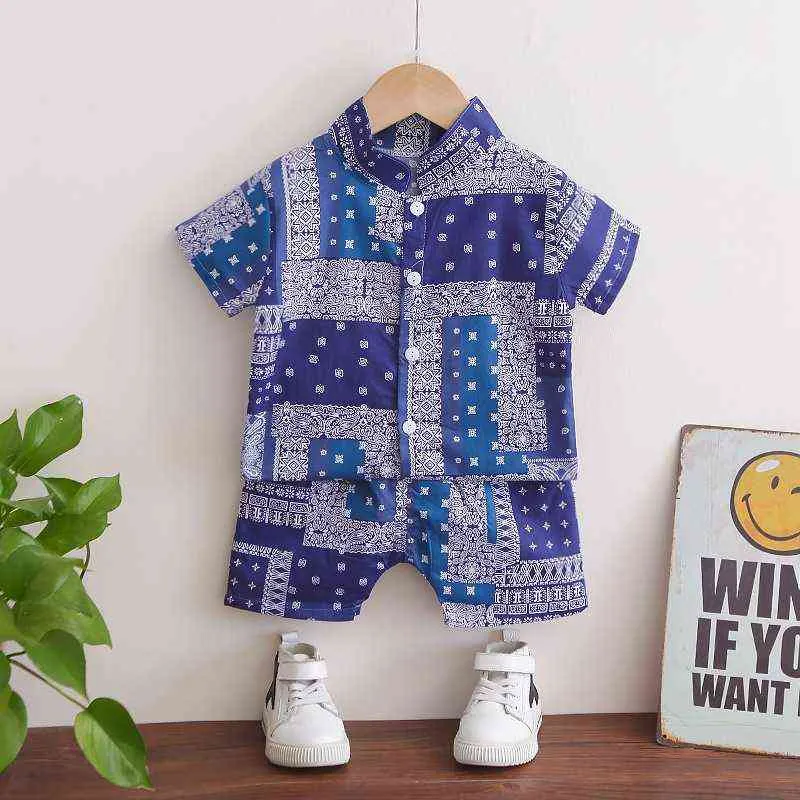 Summer Hawaii Style Boys Sets Cool Fabric Blue Beach Vacation Kids Outfit Cotton Blend Children's Clothes G220310