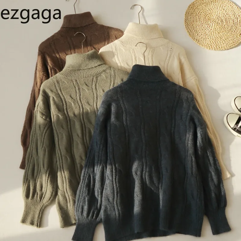 Ezgaga Preppy Style Jumper Women Sweater Solid Turtleneck Loose Long Sleeve Warm Outwear Ladies Pullover Tops Knitwear Fashion 210430