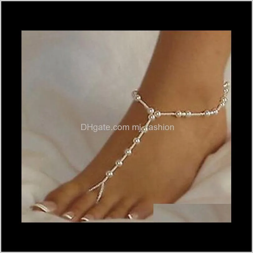 Barefoot Sandals Body Jewelry Fashion-Sandals Stretch Anklet With Toe Ring Slave Anklets Chain 1Pair/Lot Retaile Sandbeach