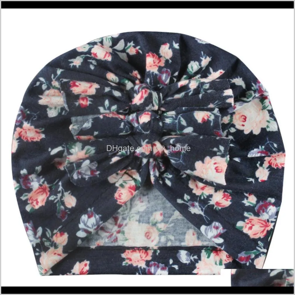 children`s pullover cap spring and summer new boundless print pleated bow baby hat