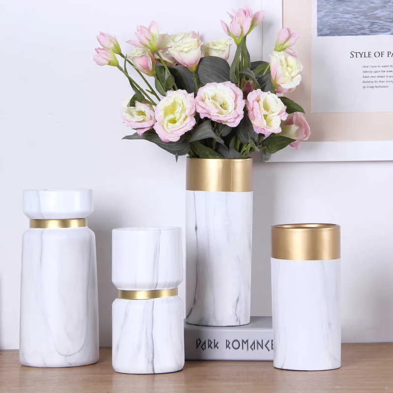 Creative Nordic Vase Dekoration Vardagsrum Keramik Golden Rim Marmor Modernt Hem Tillbehör Blomma Vaser för bostäder 210623