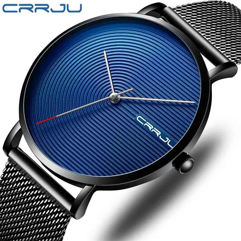 Crrjuミニマリスト男性は古典的なブィンスの男性の腕時計のファッションのシンプルな防水ウルトラ鋼鉄メッシュ時計レリーゴオマスキュリノ210517