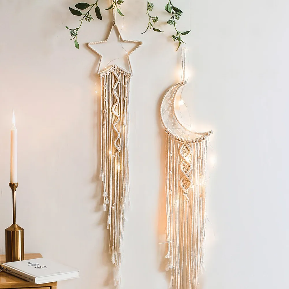 Star Moon decoratieve objecten beeldjes zon macrame dream catcher boho thuis muur decor meisjes kinderen kinderkamer tuin decoratie outdoor geschenken met licht met licht