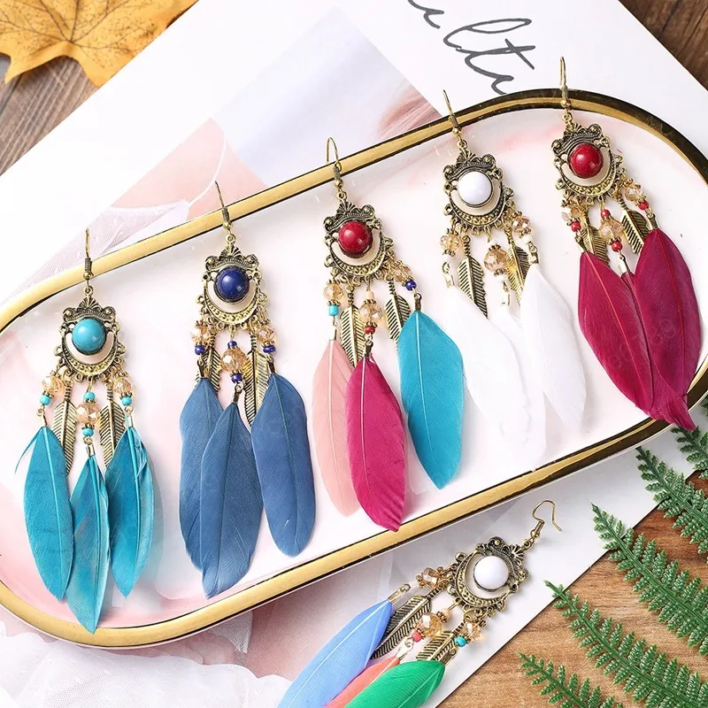 Femme Tassel longue plume boucles d'oreilles femelle 2021 Personnalité rétro Riz Perle Bijoux Mode Bijoux Ethnique Summer Bohemian Dangle Boucles d'oreilles