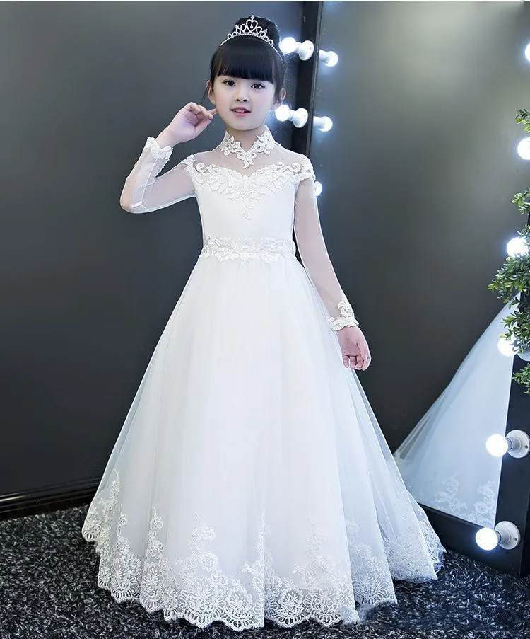 Sweet White Tulle Rękawy Aplikacja Dziewczyna Kwiat Kwiat Girl Dresses Princess Party Child Spódnica Custom Made 2-14