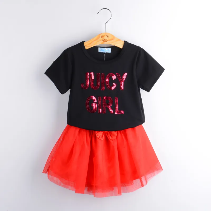 女の子セット夏の子供服のスパンコールの手紙黒半袖Tシャツ+ドレス2ピース服210515
