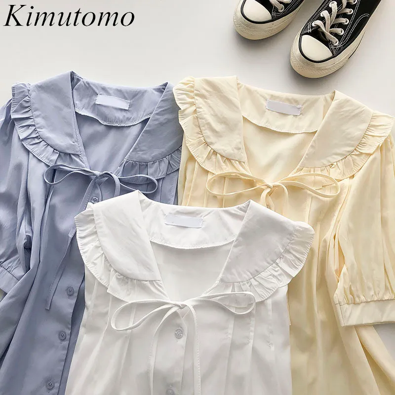 Kimutomo solid tröja tjej sommar koreanska båge spets upp peter pan krage kortärmad singel breasted blouse mode 210521