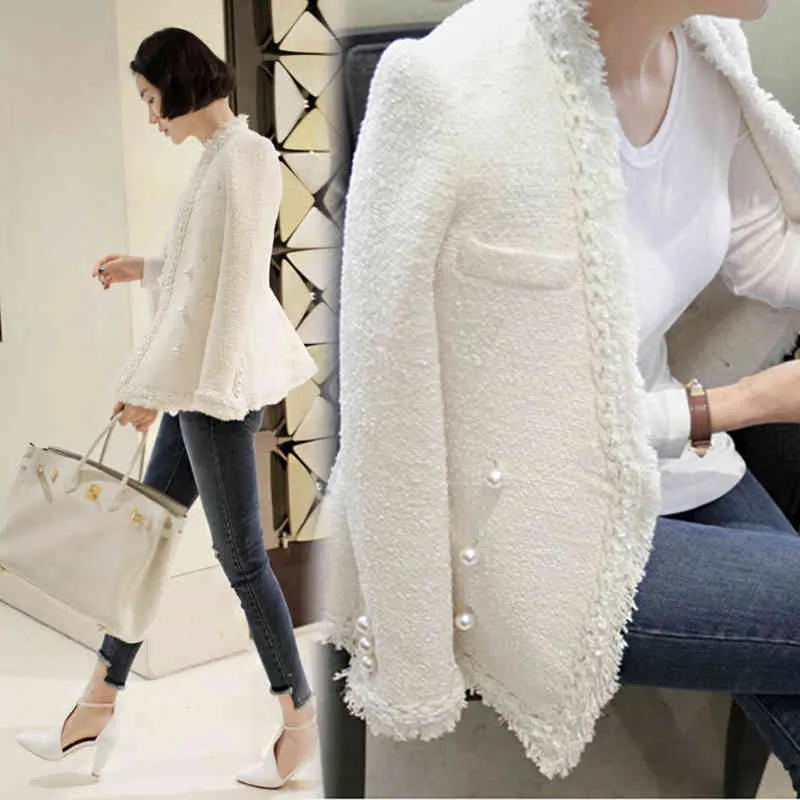 Abrigo de lana con borlas y perlas de invierno para mujer, chaqueta de Tweed cálida Vintage para mujer, abrigo elegante 210416