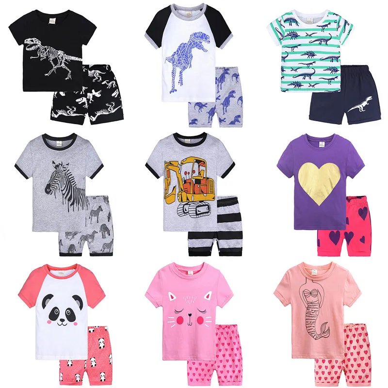 Set di abbigliamento per bambina e neonato, maglietta, pantaloncini, 2 pezzi, stampa estiva, dinosauro, sirena, scavatore, vestito, abbigliamento, pigiama, boutique