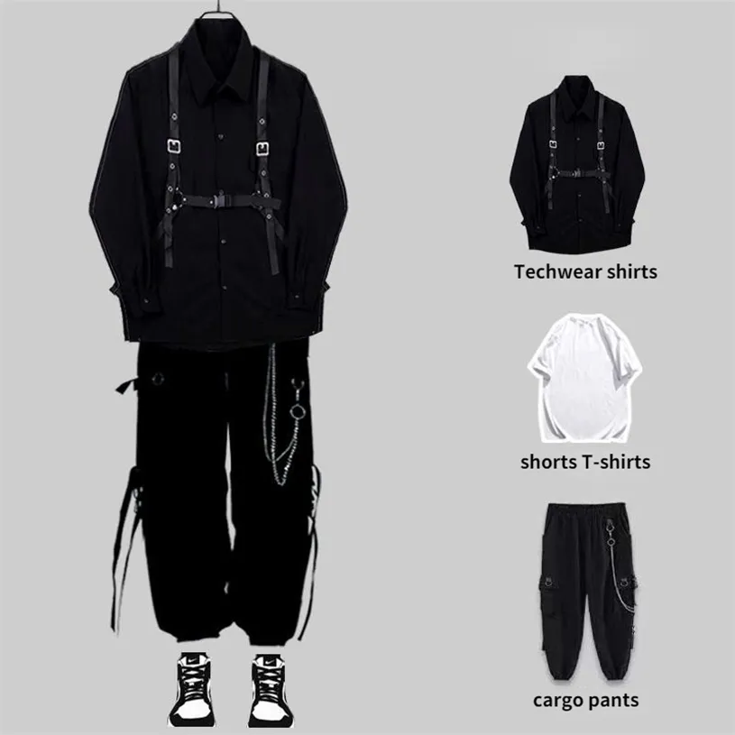 Houzhou Techwear Heren Sets Zwart Cargo Broek Shirt Kit Lange Mouwen Shirts Koreaanse Streetwear Hip Hop Harajuku Lente 211230