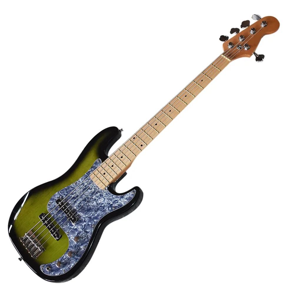 High Quality Green&Black Electric Bass Guitar with 5 Strings,Gray Pearled Pickguard,Maple Fretboard