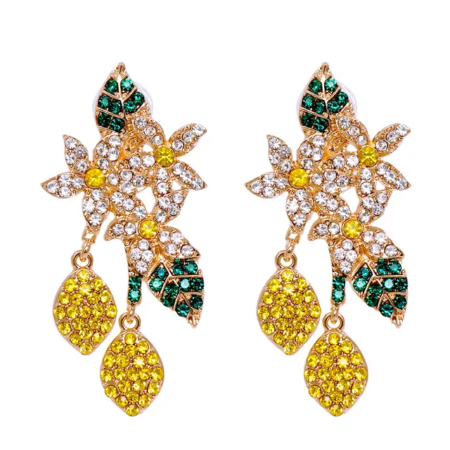 Dangle & Chandelier New Lemon Blossom Flower Earrings Gifts Rhinestone Long Drop Earrings Women Crystal Statement EarringJewlery Wholesale