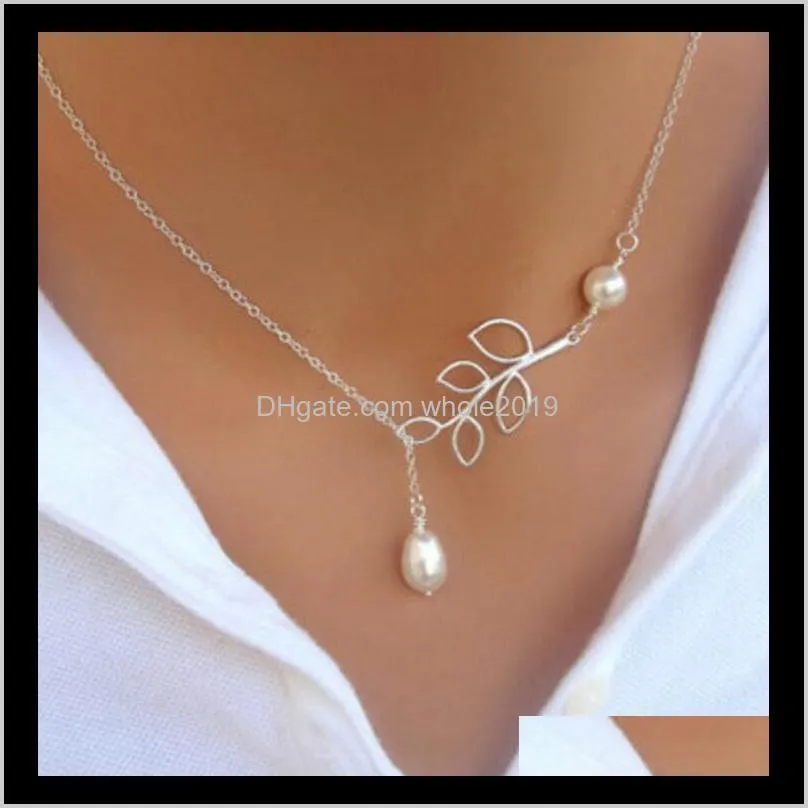2016 hot european and american style fashion personality leaves pearl droplets clavicle chain women jewelry trend