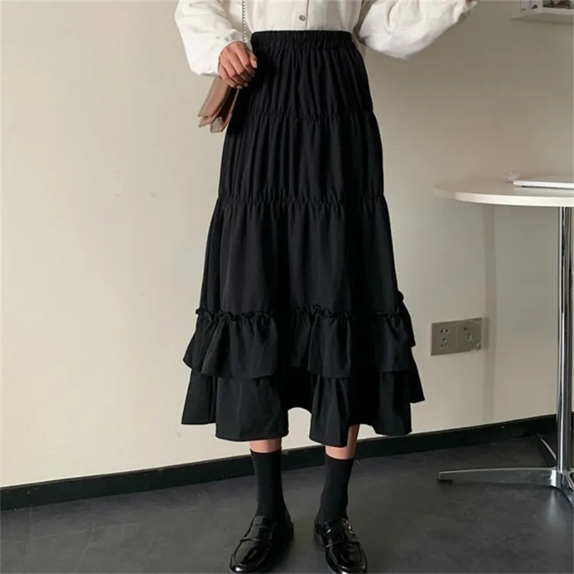 Vintage High Waisted Kjol Kvinnor Vår Höst Tonåringar Skol Flickor Frill Pläterad Ruffles Patchwork Lång Midi Black Goth Kjolar 210619