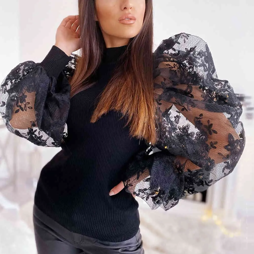Sexy Lace Patchwork cut blouse with Mesh Puff and Sheer Long