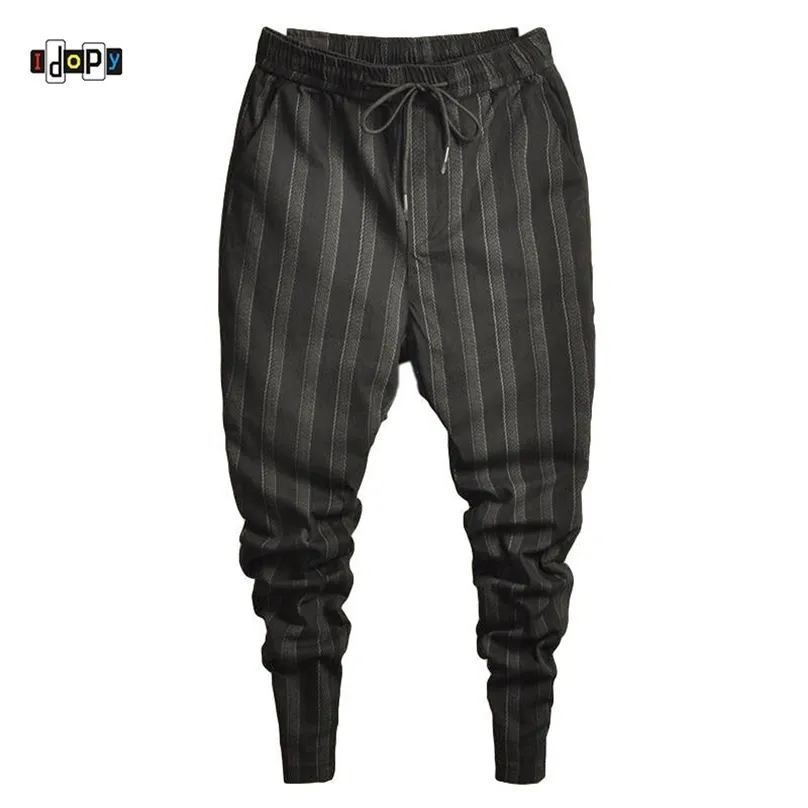 Idopy mode mens trend stretchy harem jeans dragsko comfy randig bekväma cuffed byxor joggare för man 211111