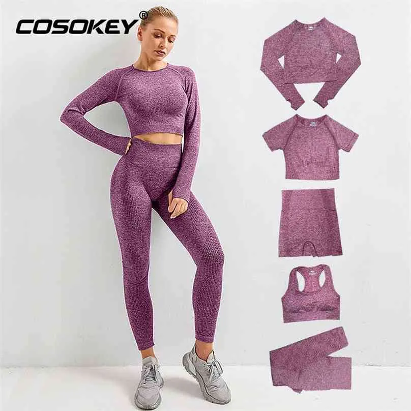 2/3/5 pezzi Set Yoga senza soluzione di continuità Abbigliamento sportivo da allenamento Abbigliamento da palestra per donna Leggings a vita alta Donna Running Fitness Tute sportive 210802