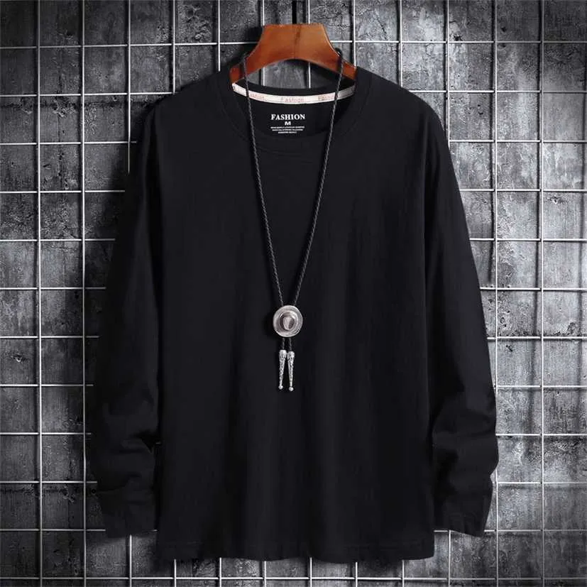 100% Cotton Autumn Spring Fashion Oversized Black White Tshirt Men's Long Sleeve Casual O Neck T-Shirt For Man TOP TEES 220118