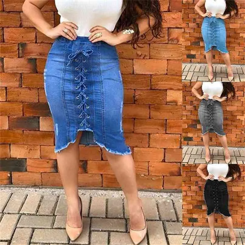 Summer Denim Skirt Women Fashion High Wasit Bow Tie Sexy Slim Fit Hole Ripper Jeans Plus Size Solid Color Female Skirts 210619