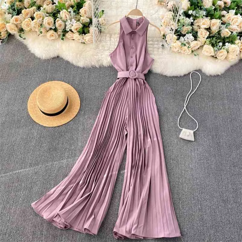 Commuter Women's European American Style Jumpsuit Women Temperament Lapel Slim Breasted Heavy-duty Pleated Wide-leg Pants UK914 210506