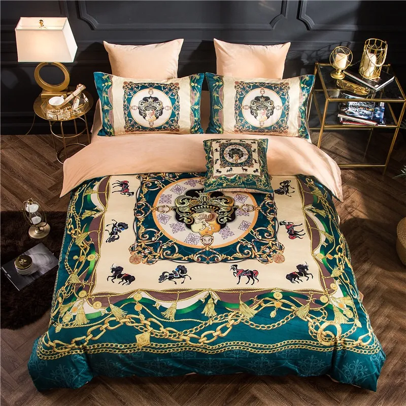 Роскошные зеленые зимние дизайнерские постельные принадлежности Belvet Queen king-size одеяло Крышка кровать простыня наволочки для лошади напечатанные модные дизайнеры