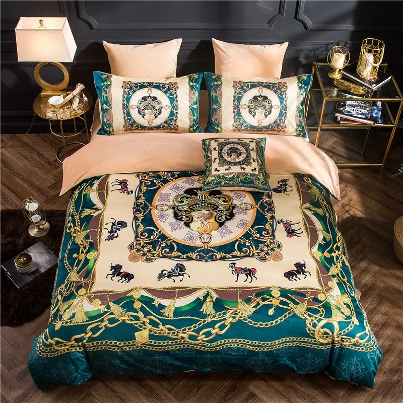 set di biancheria da letto di design invernale verde di lusso in velluto queen size copripiumino king size lenzuolo federe set di piumini per stilisti di moda stampati a cavallo