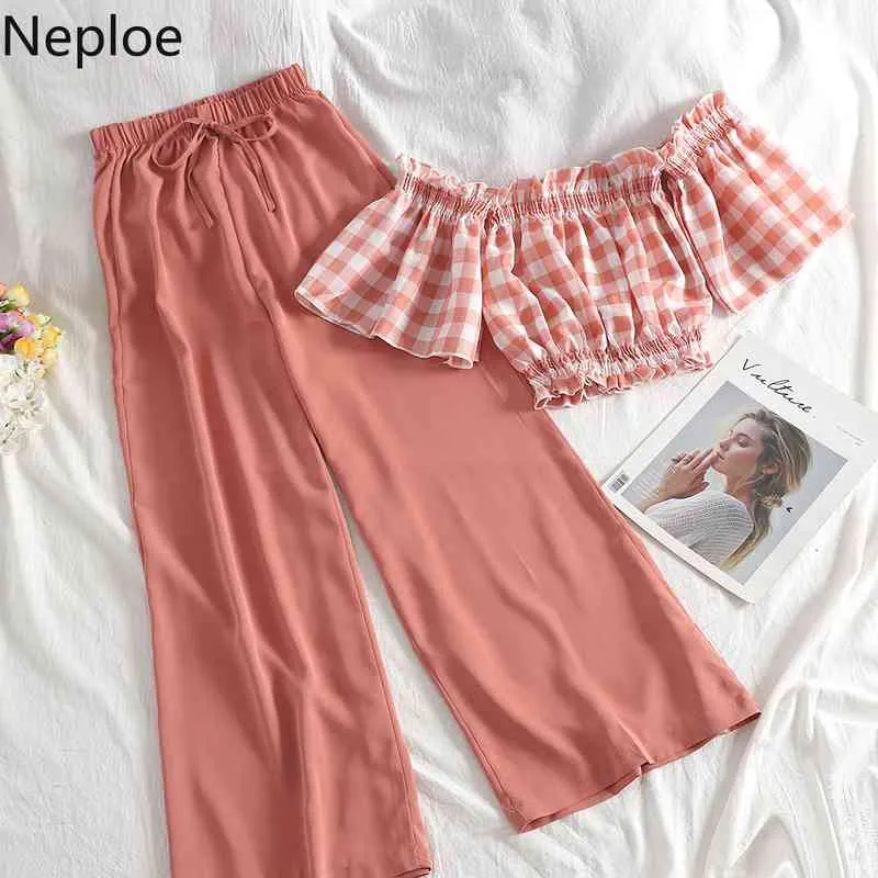 Neploe Fashion Traje coreano Dos [iece Set Mujeres Plaid Off Hombro Crop Tops Cintura alta Pantalones de pierna ancha Ropa Mujer 2 piezas Set 210422