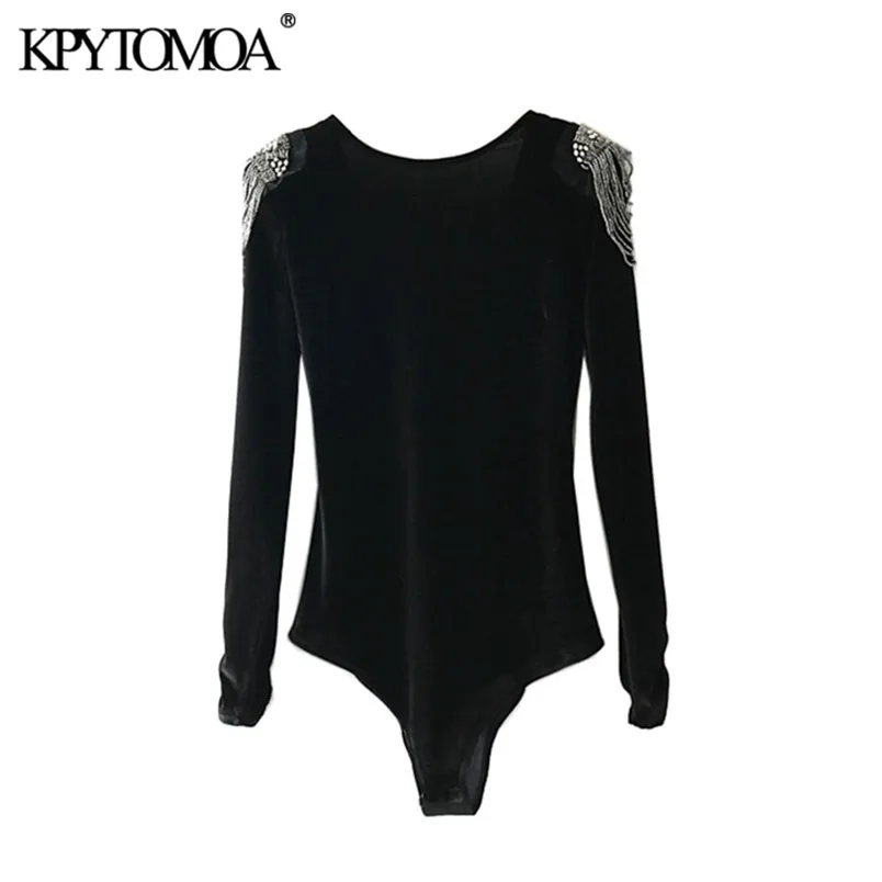 Beading Appliques Velvet Bodysuit Women Fashion Sexy Backless V Neck Crossover Ladies Playsuits Casual Body Femme 210420