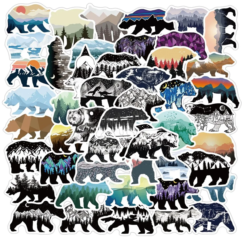 50pcs Grizzly Bear Stickers with Mountaintop Landscapes Skate Accessories For Skateboard Laptop Luggage Bicycle Motorcycle Phone Car Decals Party Decor