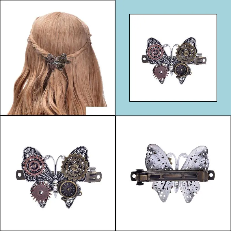 S874 Hot Fashion Jewelry Women`s Vintage Butterfly Barrette Steampunk Gear Alloy Butterfly Hairpin Hair Clip Bobby Pin Lady Barrette