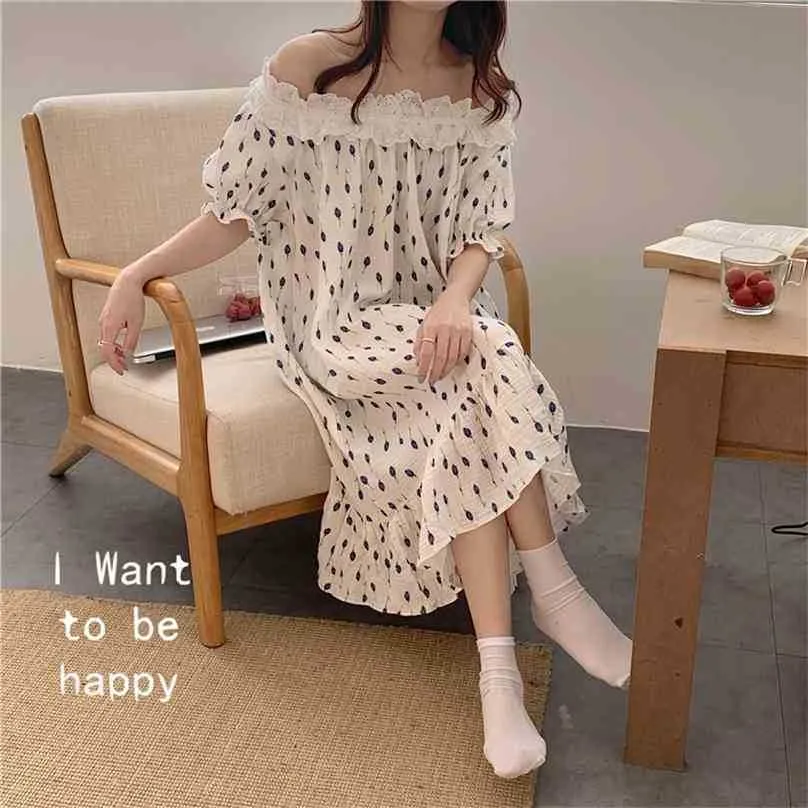 Korean Sweet Lace Homewear Girls All Match Loose Sale Casual Nightdress Chic Cotton Fashion Pajamas Dress 210525