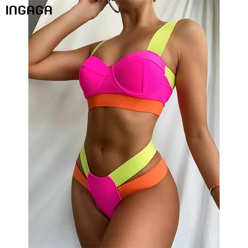 Ingaga Taille haute Bikini Maillots de bain Push Up Maillots de bain Sexy String Biquini Maillots de bain Patchwork Brésilien Bikini Set 210722