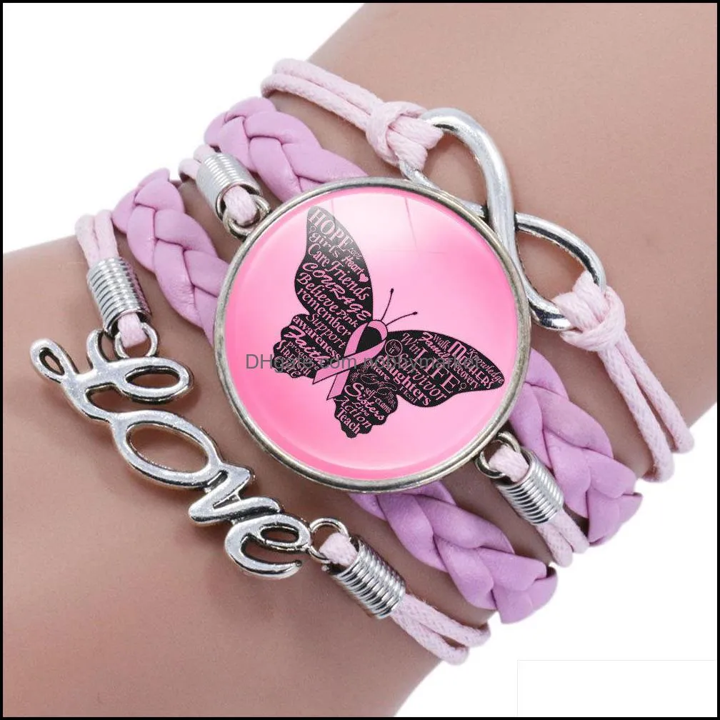 New Pink Ribbon Breast Cancer Awareness Bracelets For Women Faith Hope Cure Believe Charm Bangle Fashion Inspirational Jewelry