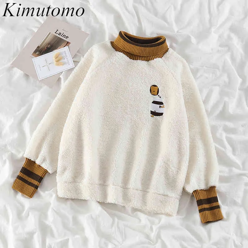Kimutomo kvinnor sweatshirts vår höst korea retro mode kvinnlig turtleneck broderi wild pullovers outwear varm 210521