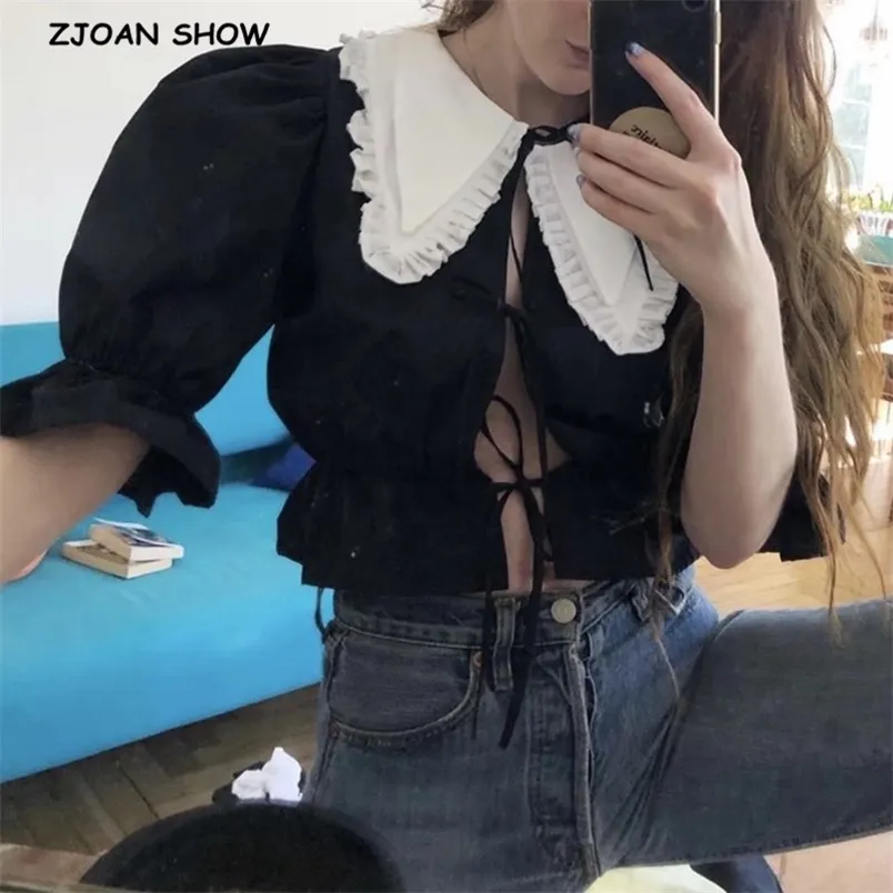 Retro Spliced Wood ear Peter Pan Collar Puff Short Sleeve Shirt CHIC Women Lacing up Blouse Exposed navel Tops 210429