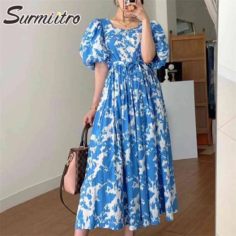 Vintage lange jurken vrouwen mode zomer elegante Koreaanse stijl blauwe print korte bladerdeeg mouw tuniek sundress vrouw 210421