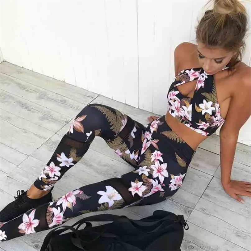 Märke TRACKSUIT 1 eller 2 Piece Yoga Set Blommigryck Kvinnor Bra + Långbyxor Sportsuite för Fitness Sport Svar Sportkläder 210813