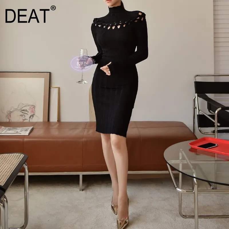 autumn and turtleneck full sleeves hollow out elastic pullover knitwear female fashion dress high waist 210421