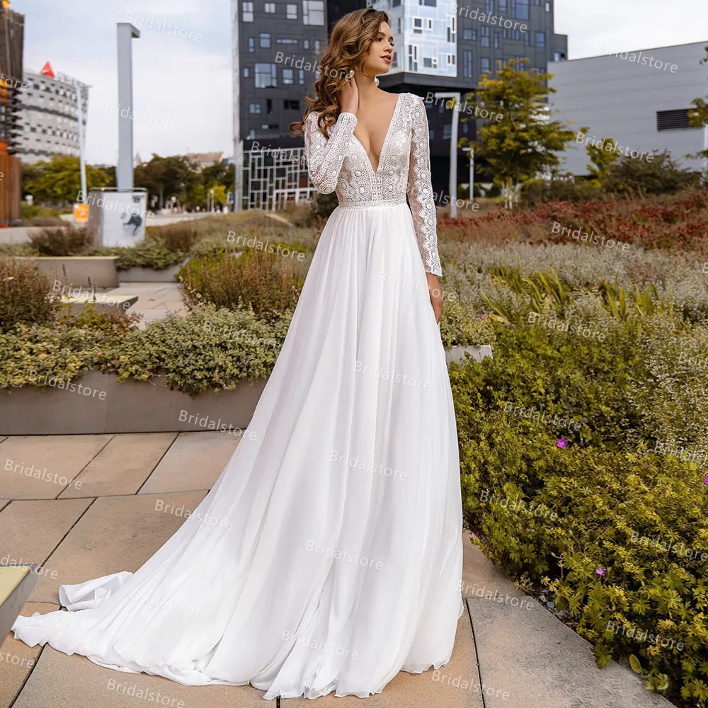 Koronkowa Boho White Wedding Dress 2021 V Neck Z Długim Rękawem Letnie Czeski Bride Suknie Flowle Szyfonowa Plaża Suknia Ślubna Nowoczesne Ogród Rates De Mariage