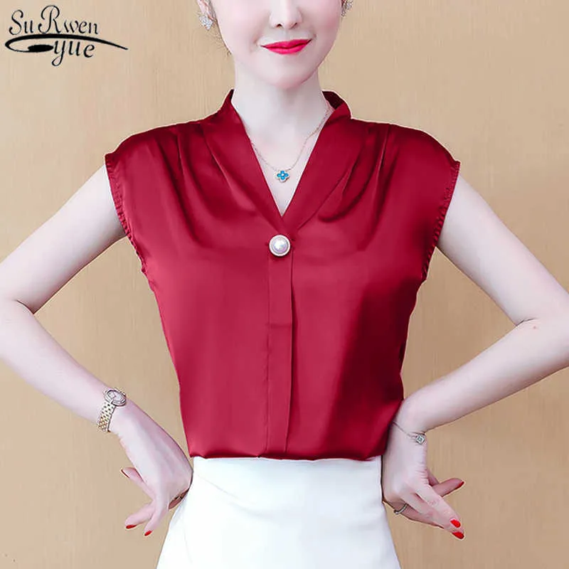 Lato jedwabna koszula kobiety z krótkim rękawem Szyfonowa bluzka koreańska solidna kolory satynowe luźne v-neck bez rękawów szczyty kobiet 9790 210527