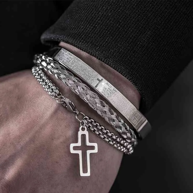 Luxury 3pcs/Set Stainless Steel Cross Bracelet Men Jewelry Charm Open Brangle Carving Spanish Scripture Pulseira Bileklik