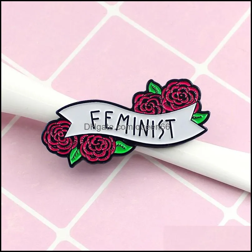 Pins Brooches Jewelry "Feminist" Flowers Logo Special Enamel Cartoon Brooch Creative Letter Lapels Denim Badges Gifts For Children Pins Dro