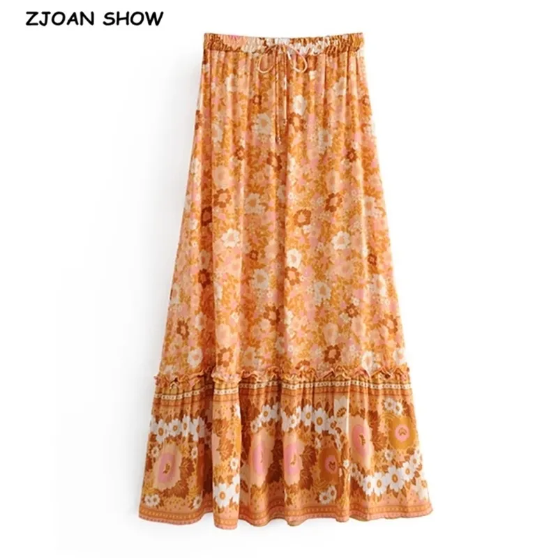 Bohemia Floral Imprimir Saia Longa Turquesa Ruched Ruched Ruffle Hem Hippie Mulheres Ajustar Córrego Cintura Balanço Saias Beach 210429